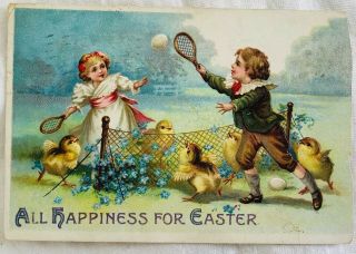 Antique Embossed Victorian Easter Postcard - Children Playing Tennis With Chicks