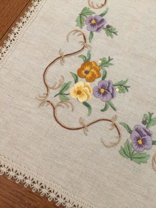 Vintage German Linen Embroidered Pansies Floral Tablecloth W/ Lace Edging Square