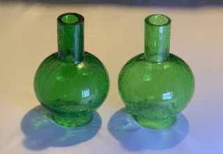 Vintage Mid Century Green Crackle Glass Globe With Chimney Pair 2 3” Fitter