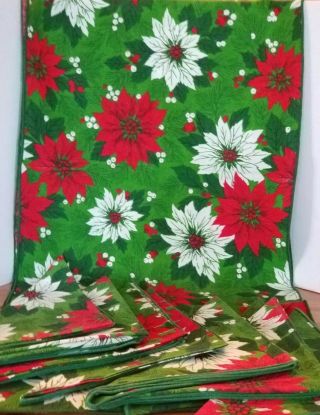 Vintage Christmas Cloth Table Runner With 8 Matching Napkins Poinsettia Pattern
