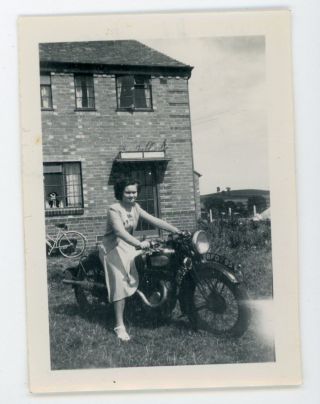 Woman Sitting On Vintage Motorcycle Bike Vintage Snapshot Photo