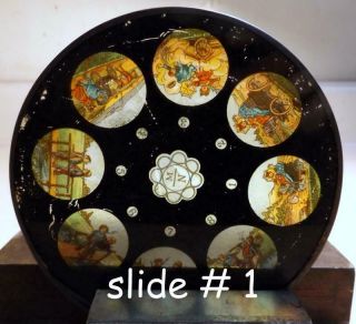 2 Antique 4½ Inch Round Glass Magic Lantern Slides W 8 Color Images Each C1910