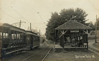 Bellows Falls,  Vt Rppc Trolley Cars At The Barber Park Trolley Station C1910