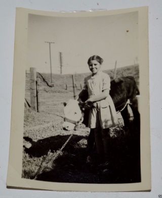 Cute Old Vintage Little Girl & Baby Cow Calf Black & White Photograph Farming