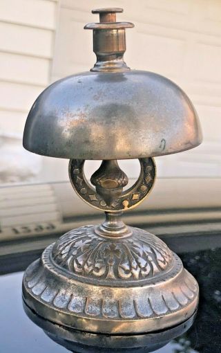 Antique Nickel - Plated Brass Hotel Desk Counter Bell Old &