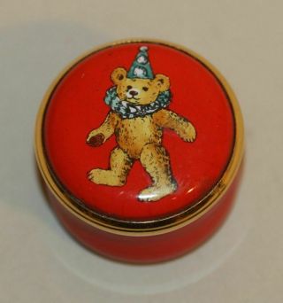 Halcyon Days Red Enamel Small Round Trinket Box With Circus Teddy Bear