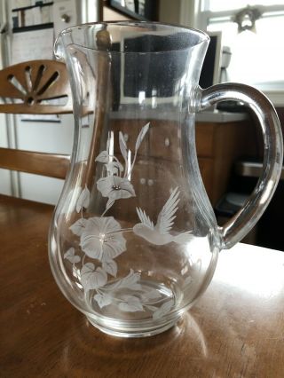 Vintage Avon Over 24 Full Lead Crystal 8 " Hummingbird Etched Pitcher Euc