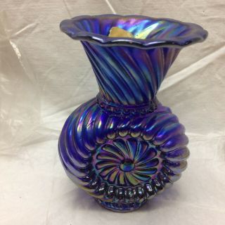 Vintage Imperial Blue Carnival Glass Vase 4 3/4 " Iridescence