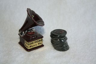 Arcadia Miniature Edison Gramophone And Stack Of Record Mini Salt And Pepper Set