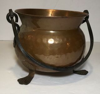 Vintage Hammered Copper Footed Cauldron Kettle Pot Wrought Iron Handle Planter