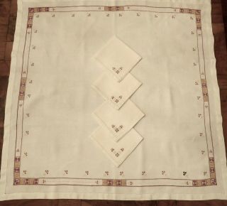 Vtg Hand Embroidered Petit Point Off White Linen Bridge/card Tablecloth Napkins