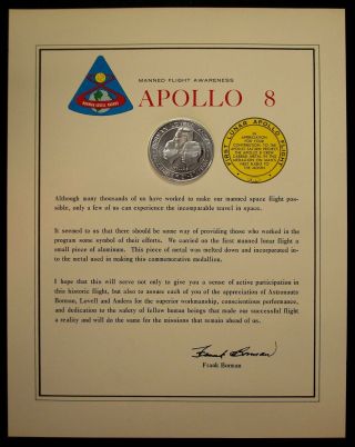 APOLLO 8 POSTAL COVER - KSC 12/21/1988,  MEDALLION MADE WITH METAL FLOWN ON MISSION 2