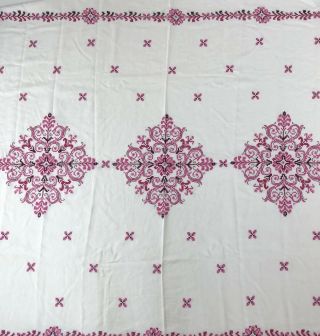 Vtg Handmade Large White Pink Embroidered Linen Tablecloth 63.  5 " X 51 "