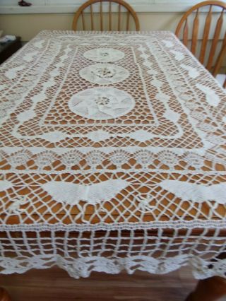 Vintage Filet Lace Tablecloth Creamy Ivory 51 X 70 Pre Owned Estate