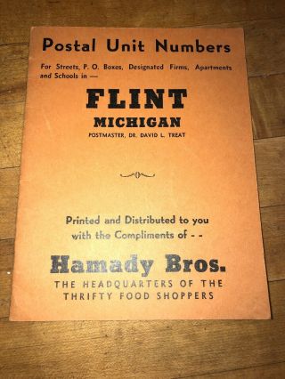 Vintage Hamady Bros.  Postal Unit Numbers Flint,  Michigan Thrifty Food Shoppers