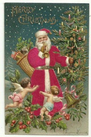 Silk Santa Claus With Angels Flag Horn Holly Antique Christmas Postcard - C976