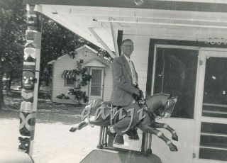 Man On Coin Operated Horse Riding Machiine By Souvenir Shop,  Totem Pole Old Photo