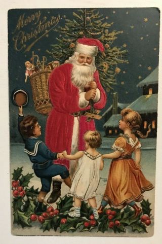 Silk Santa Claus With Dancing Children Holly & Toys Christmas Postcard - C443