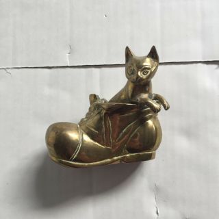 Vintage Solid Brass Figurine Cat In A Shoe