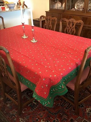 Vintage Jennifer Moore Christmas Tablecloth Red & Green Floral Brazil 62 X 84 "