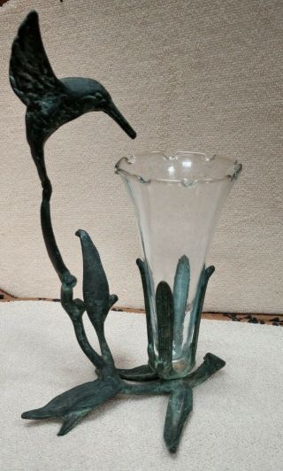 Rare Vintage Cast Iron Hummingbird With A Glass Vase.  Made In Korea.