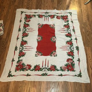 Vintage Christmas Tablecloth 60x52” Mid Century Modern Holly Candles