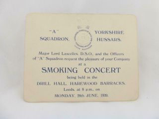 Military Ephemera Yorkshire Hussars " A " Sqn Smoking Concert Embossed Invite 1920
