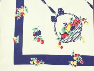 Vintage Cotton Fabric Mid Century Textile Tablecloth Fruit Basket Cherries 48x54