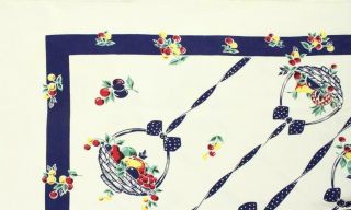 Vintage Cotton Fabric Mid Century Textile TABLECLOTH Fruit Basket Cherries 48X54 2