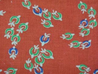 Vintage Feedsack Fabric,  Bright Red With Blue & Green Horseshoes Scattered About