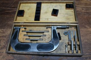 Vintage Browne & Sharpe No.  55 Micrometer Set In Wooden Case W/ Accessories