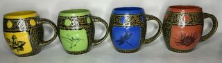 Always Azul Pottery Set Of 4 Mugs Orchid Humming Bird Dragonfly Pine Cone