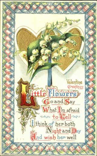 Valentine Poem Lily Of The Valley Gilt Hearts Basket Weave C1910 To Adele Roeper
