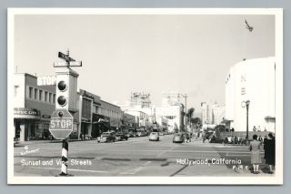 Sunset & Vine—hollywood Rppc Glass Stop Sign—vintage Los Angeles Photo 1940s