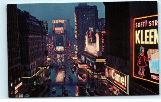 Times Square At Night York City Ny Chevrolet Camel Rain Vintage Postcard A83