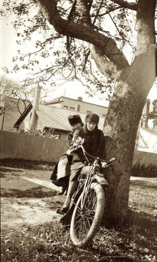 1910 Era Photo Negative Indian Motorcycle Girl Friends Pose Leaning On A Tree