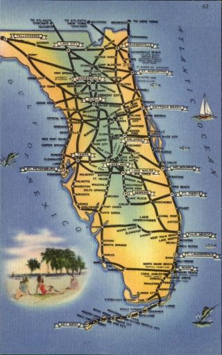 Florida Fl State Map Beach Sun Bathers Sailboat Fishing Sailfish 1940s Postcard
