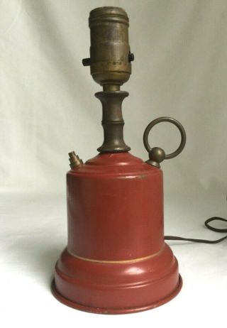 Vintage Small Red Tole Tin Table Lamp - Oil Can Style - 9 1/8 " Tall -