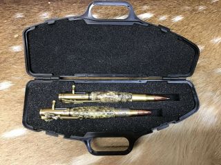Real Rattle Snake Skin Antique Brass Action Pen And Pencil Set With Gun Case