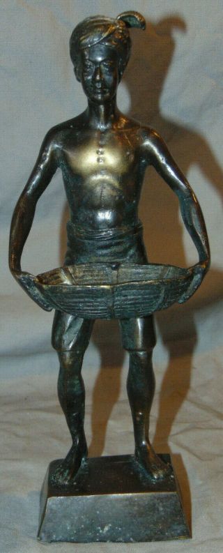 Vtg Orientalist Brass Statue Shirtless Man In Turban W/ Feather Holding Basket
