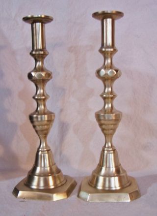 2 Antique Solid Brass Tall Beehive Push Up Candlesticks Candle Holders 12 "