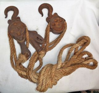2 Antique Vintage Metal Double Block Barn Farm Pulley W Old Rope Attached
