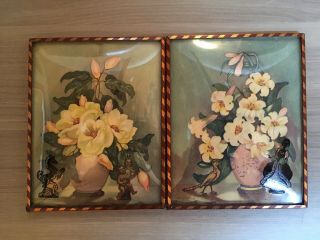 Vintage 1930s Reverse Painting Silhouette Victorian Flower Convex Glass 4x5