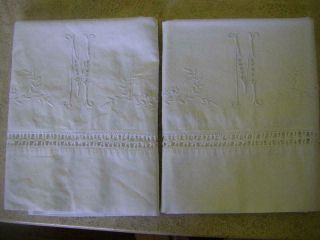 Vintage 3 Pc Monogram M Embroidered Sheet Set,  68 " Flat Sheet,  2 Pillowcases Exc