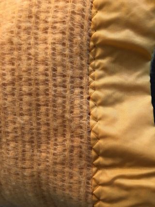 Vintage Acrylic Yellow Gold Blanket 66x87 Twin Waffle Weave Woven Nylon Trim