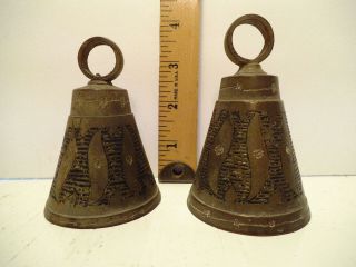 Two Old Vintage Bells Of Sarna India,  Etched,  Brass Bells Hindu Temple Chimes