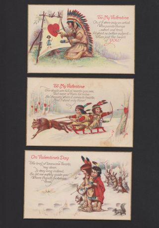 Set Of 3 Vintage Valentine Postcards Native American Indians 921 A B C Boy Girl