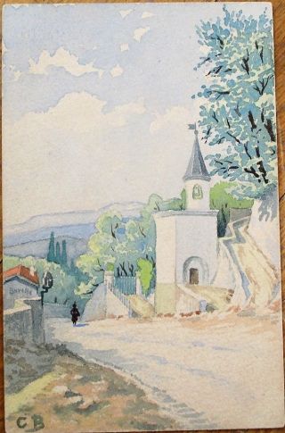 Hand - Painted/original Art/artist - Signed 1910 Watercolor Postcard: Village Scene