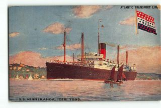 Steam Ship Ss Minnekahda Atlantic Transport Line Postcard 1907 - 1915