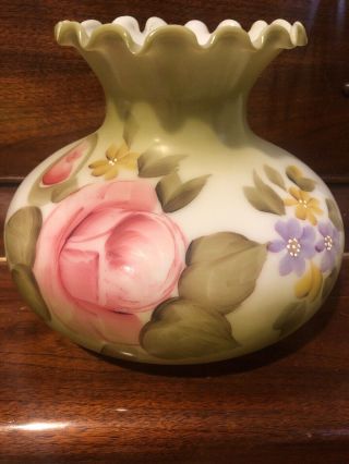 Vintage Globe Hurricane Gone With The Wind Shade Hand Painted Pink Roses Green